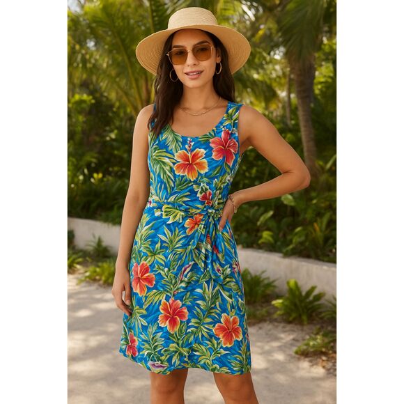 VTG Hawaiian Honi Sarong Dress Size 8 Tropical Floral Print Rayon Summer Beach - Picture 1 of 5